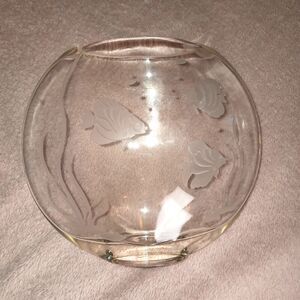 Art Glass Fish Bowl Vase 7" x 8" Etched Clear Vintage Handblown Midcentury
